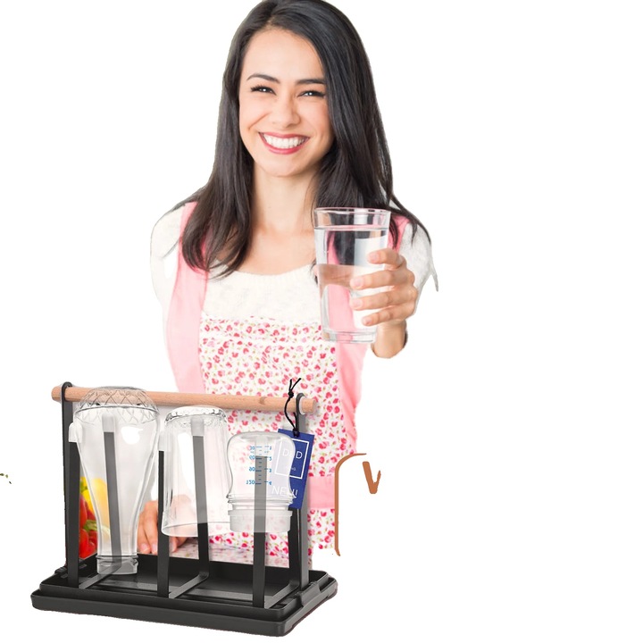 Suport pentru cani, design cu sase ramuri, gri deschis, cu tava detasabila, maner din lemn, 800g