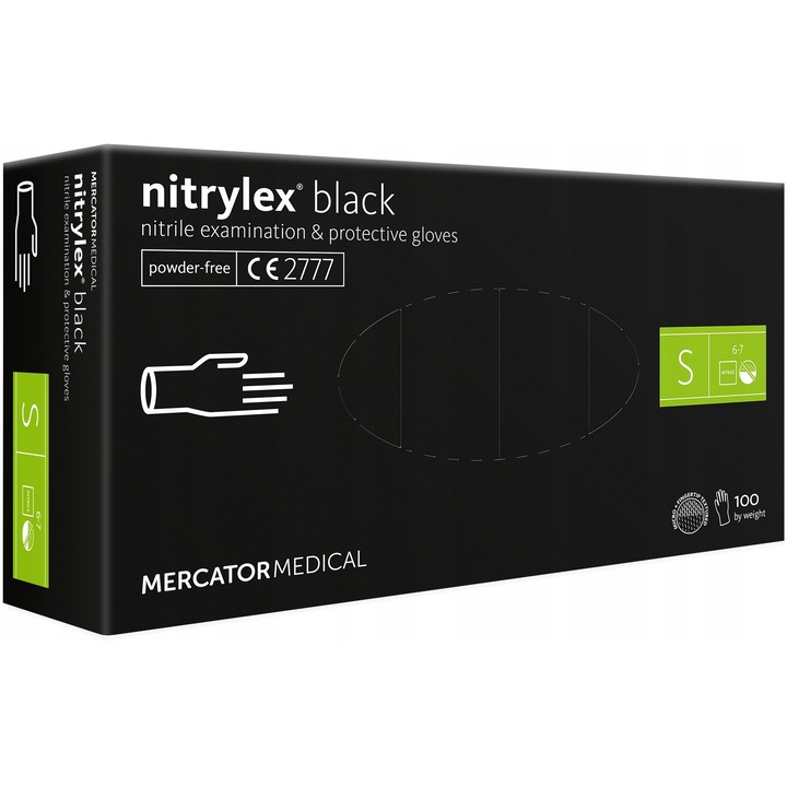 100 db-os Mercator eldobható kesztyű készlet, fekete nitril, S méret
