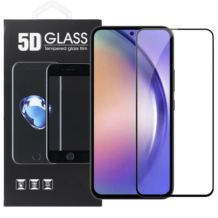 Samsung Galaxy A35 5G / A55 5G kompatibilis üvegfólia, előlapi, 5D, edzett, hajlított, fekete kerettel