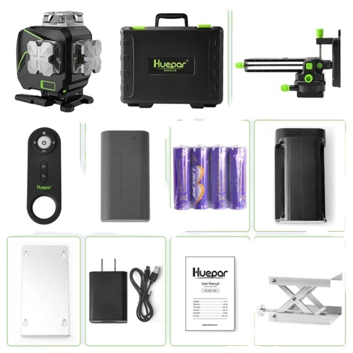 Лазерен нивелир, Huepar, 16 линии, Bluetooth управление и дистанционно управление, зелен, 20м