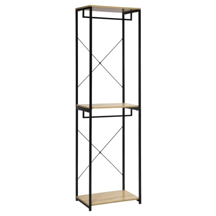 Етажерка за съхранение, MDF/Стомана, Черен/Дъб, 60x40x213 см