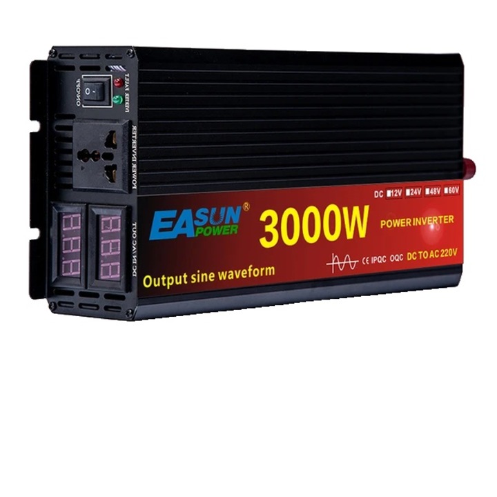 Autóinverter, tiszta szinuszhullám, EaSun, 3000W, 24V, 220V-240V, alumínium-magnézium, 34,5x17,5x7,5 cm