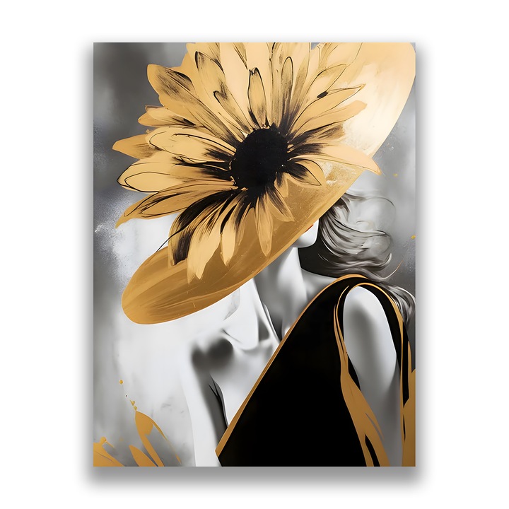 Картина на платно, LuxCanva® A1564, с лице към слънцето, 75 X 100 CM, 100% памучно платно 400g/m2, дървена рамка, всекидневна, шапка, слънчоглед, дама, спалня, живи цветове
