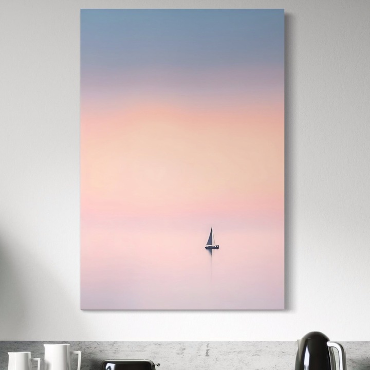 Премиум картина върху платно, LuxCanva® A1565, Somewhere Wide, 100 X 145 CM, 100% памучно платно 400g/m2, дървена рамка, спалня, декоративна, платноходка, море, изгрев, хол, ярки цветове