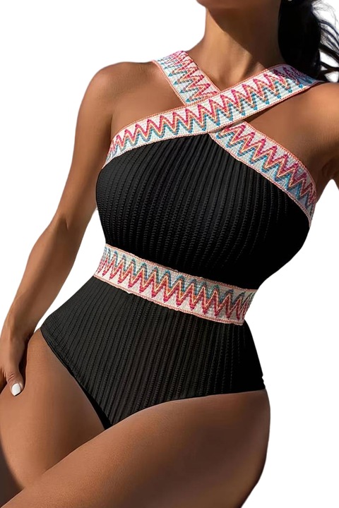 Дамски бански костюм, цял модел, кралски модел, Х презрамки на деколтето, рустик детайли, тема I love summer, EFAYN, Черен