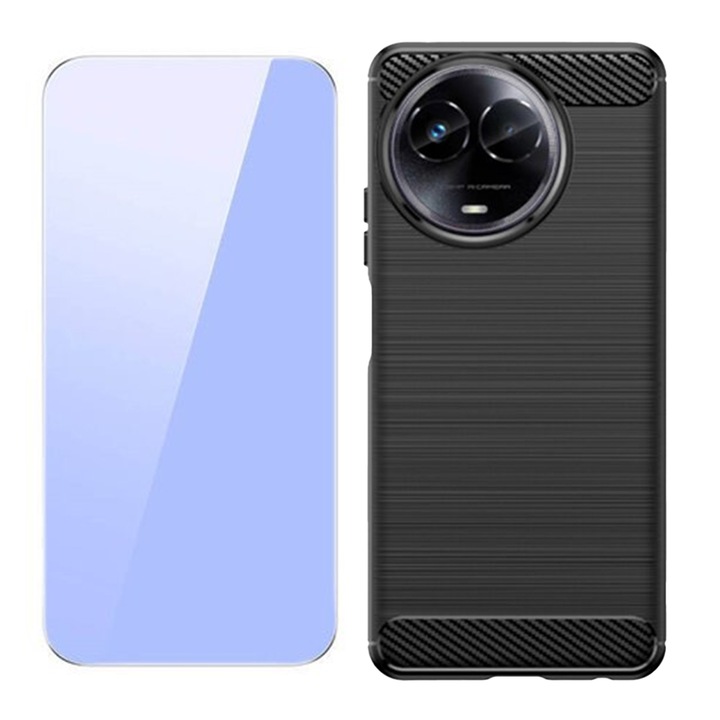2.5D Secure üvegfólia készlet, Crystal Clean, Full HD Clarity, Szilikon karbon tokkal, kompatibilis a Realme 11 5G-vel, OPTIM SOLUTION, Poliuretán, Új Fiber Carbon Design, Optim Tech Ultra védelem, megerősített sarok, ütéscsillapító, fekete