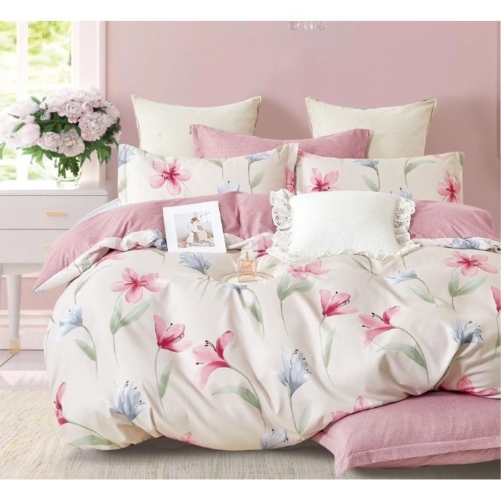 Lenjerie pat dublu 2 fete, Crini, 6 piese, 2 persoane, 180x200cm, Finet Satinat, Multicolor