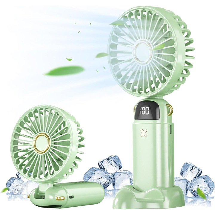 Ventilator ultra portabil, BOMSTOM, 3 in 1, de mana, de birou, de gat, 5 trepte de viteza, incarcare USB, pana la 6-13 ore de functionare, pliabil, cu ecran LCD, Verde