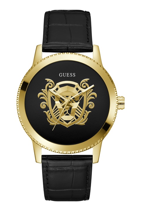 GUESS, Часовник от неръждаема стомана с кожена каишка, Златист, Черен