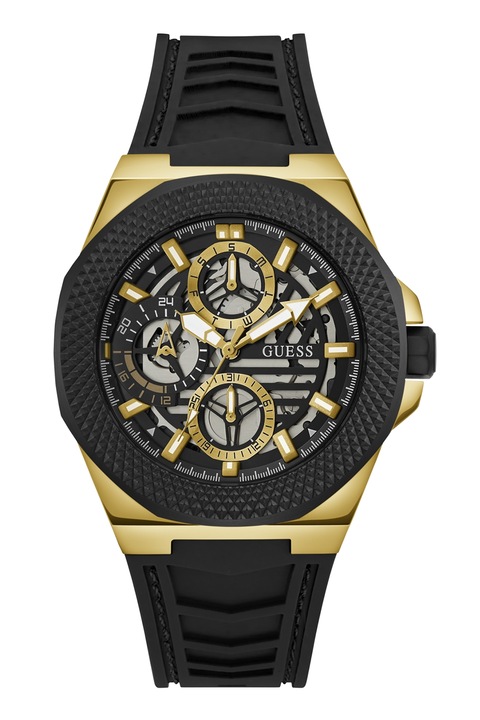 GUESS, Двуцветен часовник със силиконова каишка, Златист, Черен