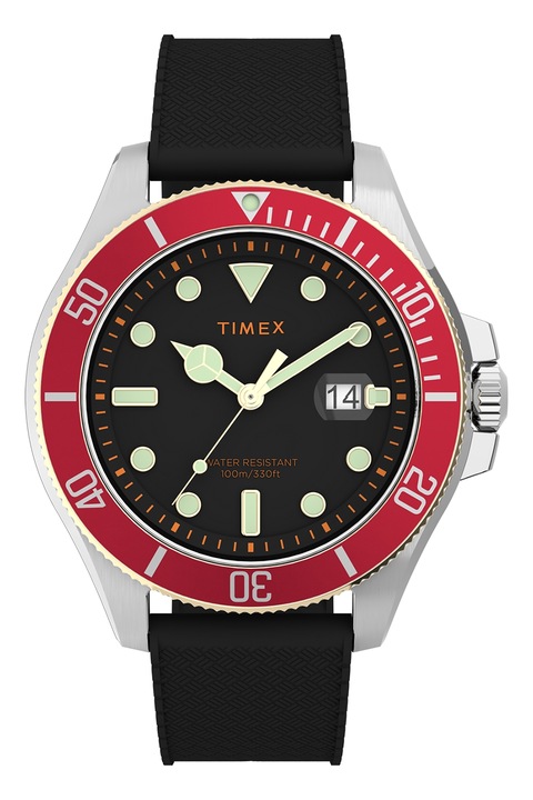 Timex, Кварцов часовник Harborside Coast със силиконова каишка, 43 мм, Сребрист, Черен, Тъмночервен