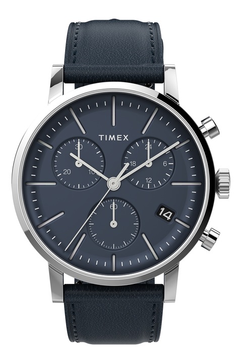Timex, Часовник Midtown с хронограф и кожена каишка, 40 мм, Сребрист, Тъмносин