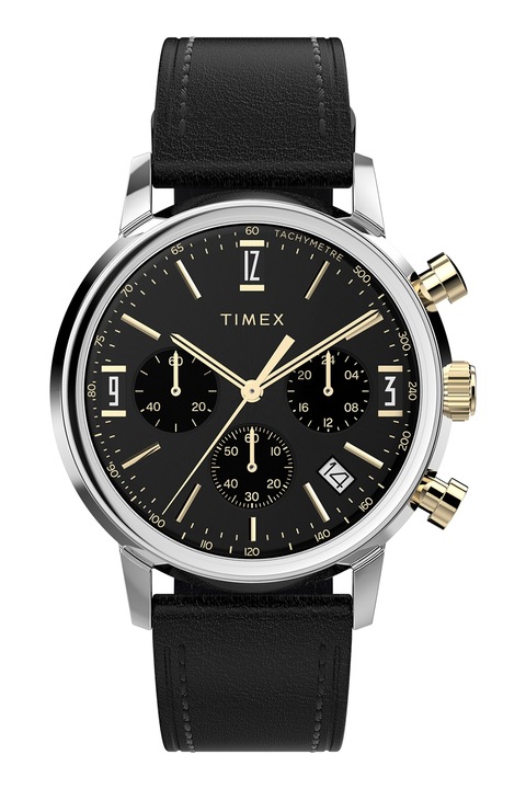 Timex, Часовник Marlin от неръждаема стомана с кожена каишка - 40 мм, Сребрист, Черен