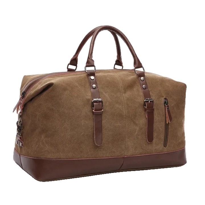 Пътна чанта, канаваца и екологична кожа, 54x24x33 см, кафява, TSA одобрение