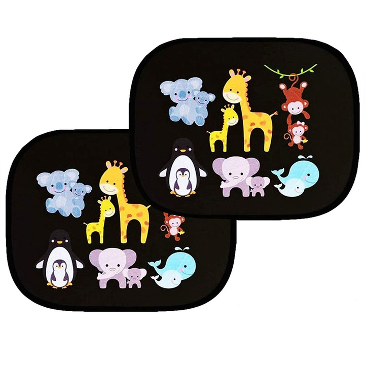 Комплект от 2 сенника за кола за деца, BOMSTOM, UV защита, Самозалепващ се, Животински модел, 44x36CM, Многоцветен
