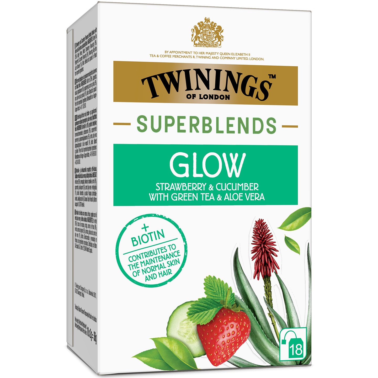 Ceai Glow cu capsuni si castravete, Twinings Superblends, 18 plicuri, 36 g
