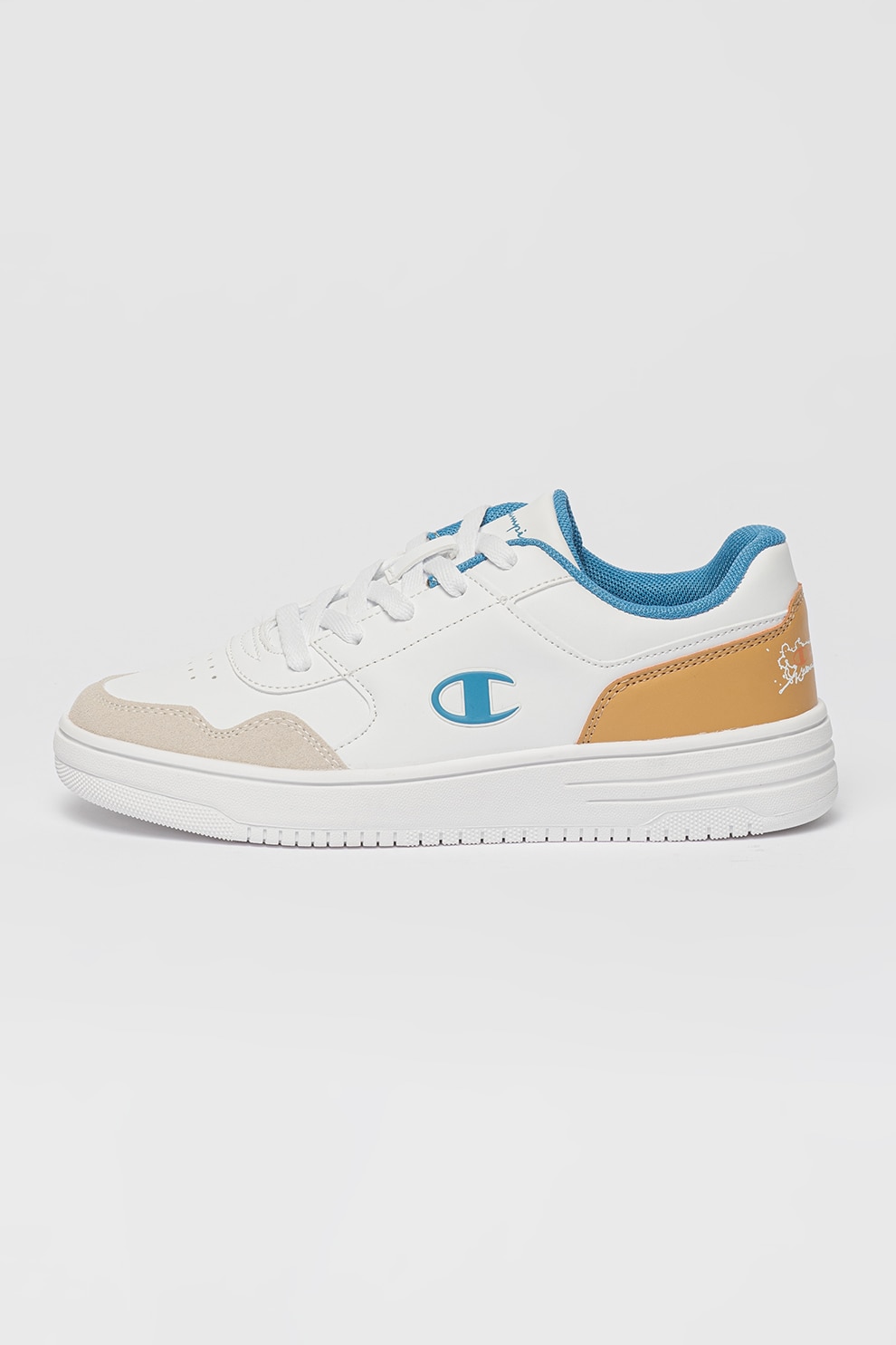 Champion, Pantofi sport din piele ecologica cu aspect contrastant, Maro, Alb, 37 EU