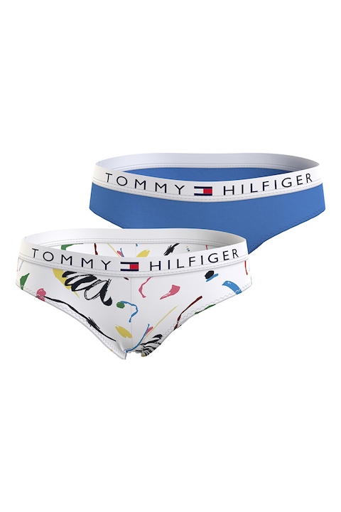 Tommy Hilfiger, Set de chiloti cu banda logo in talie - 2 perechi, Alb/Albastru/Negru