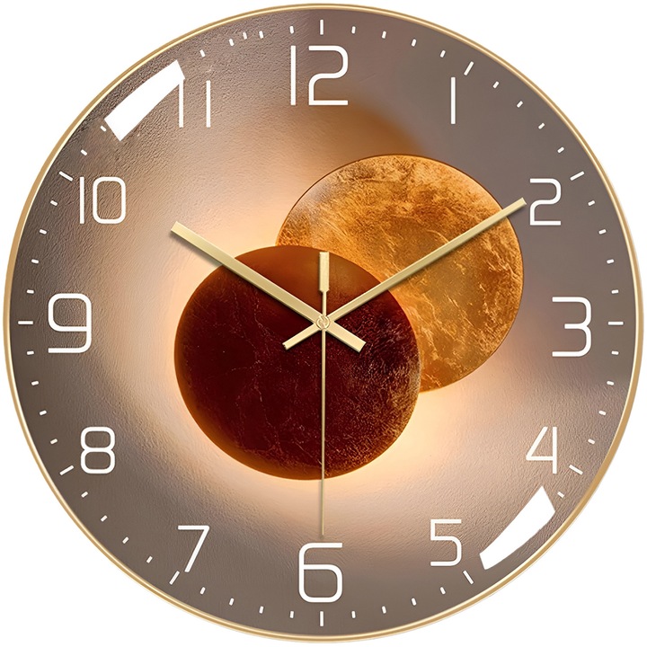Ceas perete living, Silentios, 30cm, BYONDSELF®, Alimentat cu baterie, Auriu