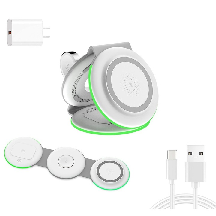 Latauar, 3 az 1-ben vezeték nélküli töltő, 15 W-os gyorstöltő, okosórával kompatibilis, fejhallgató, okostelefon, fehér