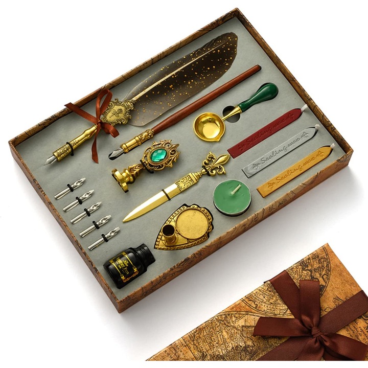 Set Stilou Vintage cu Pana, 5 Penite si Suport, Lingurita，Cutit，Foca, Cerneala, Fasii de ceara, Scufundati stiloul injector, pentru stilou, 28.5×20.5×4 cm, 0.36kg