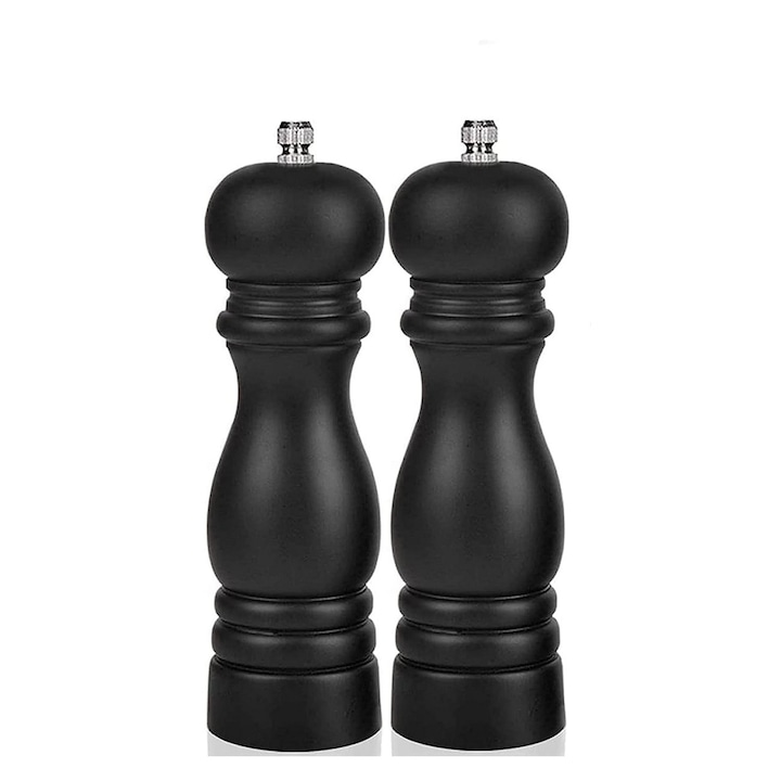 Set de 2 Rasnite pentru Sare si Piper din Lemn de Acacia cu Miez Ceramic, 19.5cm Inaltime, Control pentru Finetea Macinarii, Negru