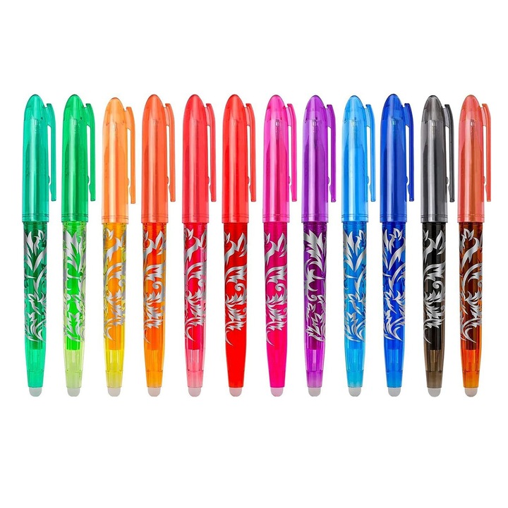 Set 12 pixuri cu gel, SINBINTA, Cu radiera, Glont, 0.7 mm, Scris de lunga durata, Rezerve inlocuibile, Prindere confortabila, Design ergonomic, Pentru copii sa mazgaleasca, sa picteze si sa schiteze, Plastic, 14.5cm, Multicolor