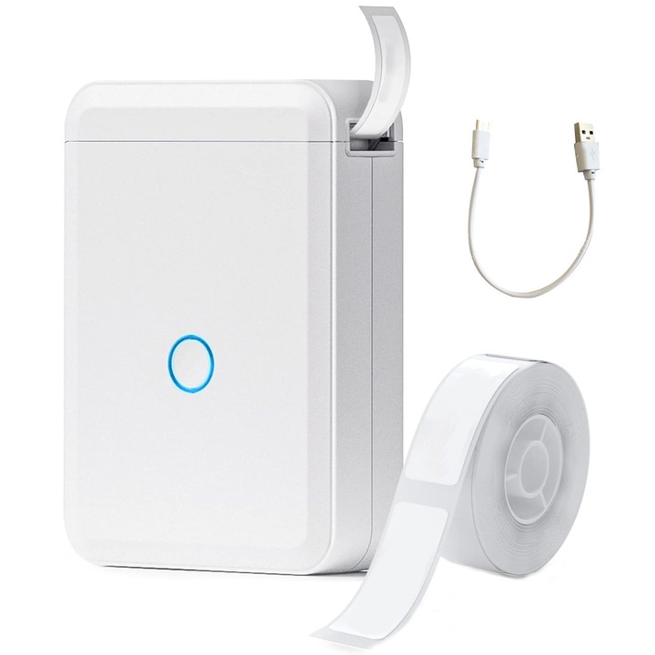 Címkézőgép, SINBITA, Bluetooth csatlakozás, tintamentes nyomtatás, újratölthető, feliratozószalaggal, 1200 mAh, hordozható, otthonra, iskolába, kereskedelmi irodába, ABS, 100*70 mm, fehér