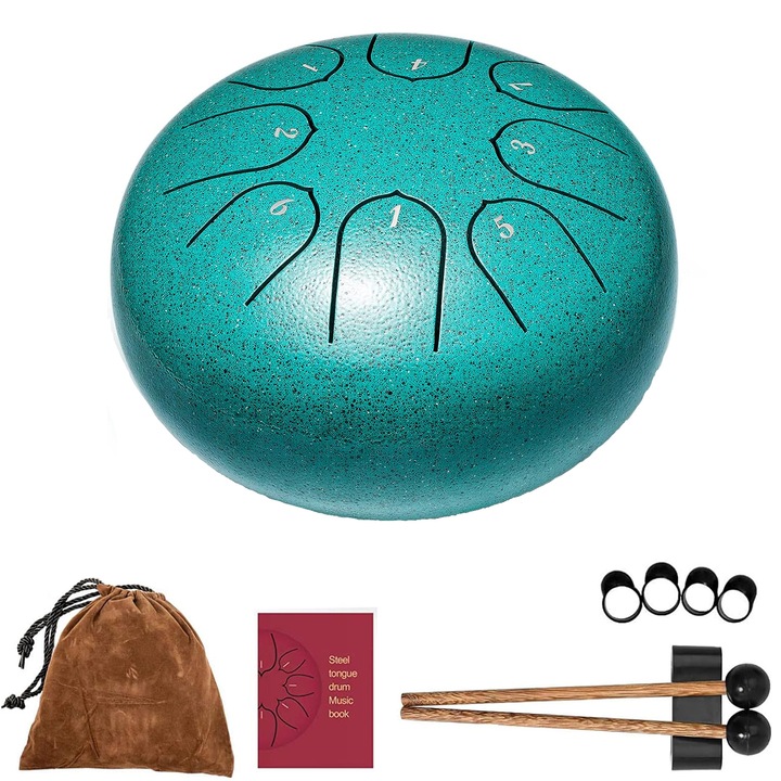 Комплект от 6 барабана със стоманен език, SIBINTA, 8 тона, С пръчки и английски ноти, Устойчивост на корозия, Тонът е стабилен, Красив дизайн, За музикално обучение, йога, медитация и др., Стомана, 16*8 см, Тъмнозелен