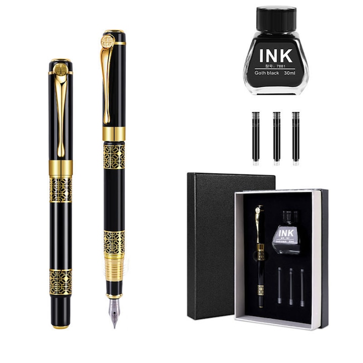 Set cutie cadou 5 piese stilou, SINBINTA, Corp metalic pentru stilou, Frumos proiectat, Scriere de lunga durata, Sac de cerneala gratuit, Potrivit pentru afaceri, studiu si munca, Metal, 142*12mm, Negru/Auriu