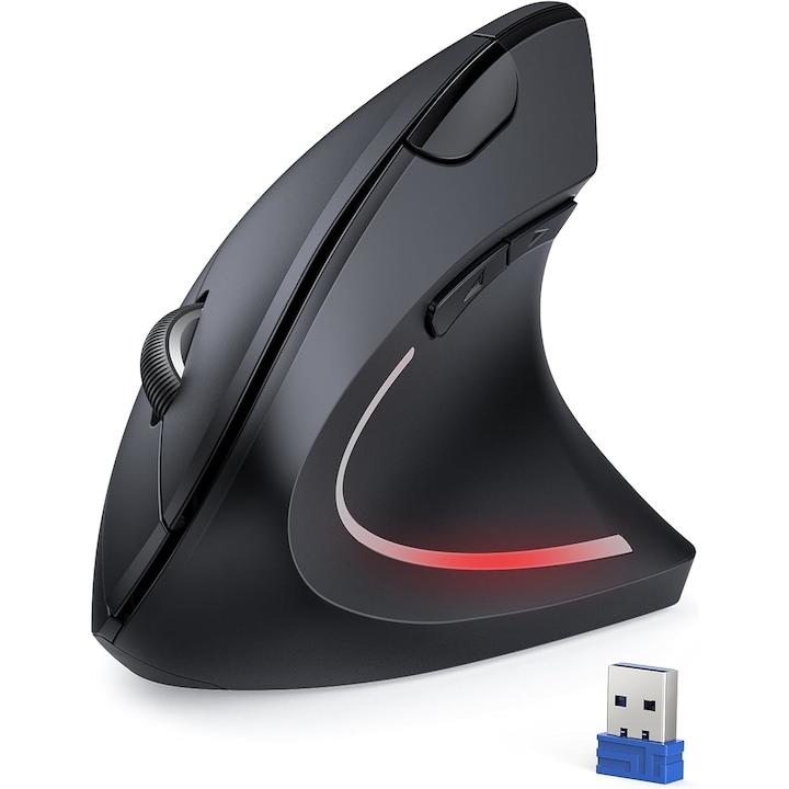 Mouse ergonomic vertical RGB, JENUOS®, Wireless, 2.4G, 5 butoane, Iluminat, Negru