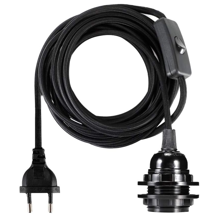 Cablu adaptor 3.5m cu dulie E27 si intrerupator, JENUOS®, PVC, Negru