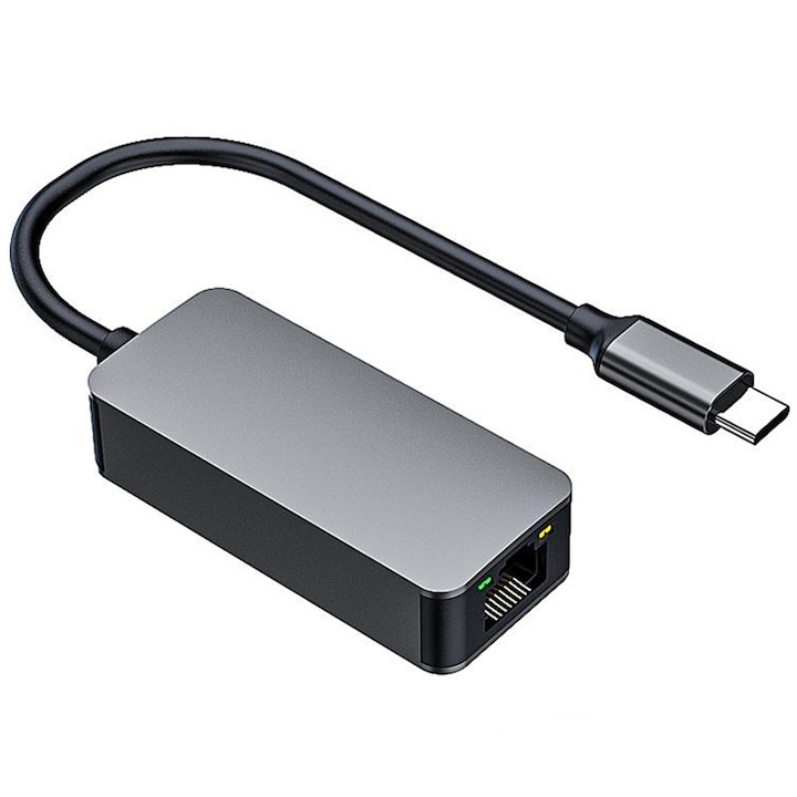Адаптер за мрежова карта, Hggzeg, TYPE-C 2.5Gb Ethernet RJ45 Gigabit, 10/100/1000/2500 Mbps, с индикатор за захранване, поддръжка на OTG, преносим, подходящ за лаптопи, таблети, мобилни телефони, алуминиева сплав, 6,2 x 2,7 x 1,5 см, сиво