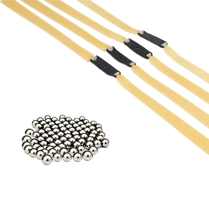 Set profesional cu 4 benzi prastie si 200 de bile metalice 7.5 mm, Darklove, 1.2mm latime, Elasticitate si rezistenta puternice, Potrivit pentru vanatoare, Anti-alunecare, Sistem de eliberare rapida, Nu se sparge usor