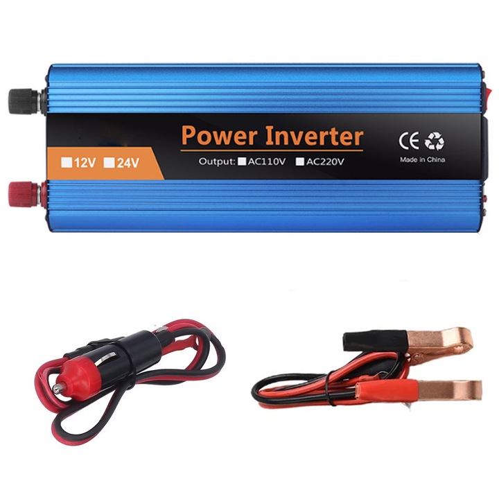 Invertor de tensiune, Darklove, 24V-220V, Putere 2000W, Cu Bricheta auto si Clip baterie, Panouri solare, Afisaj electronic, Dispune de port USB, Ventilator de racire intelligent, Aluminiu/Magneziu, 21.5x10.5x6cm, Albastru