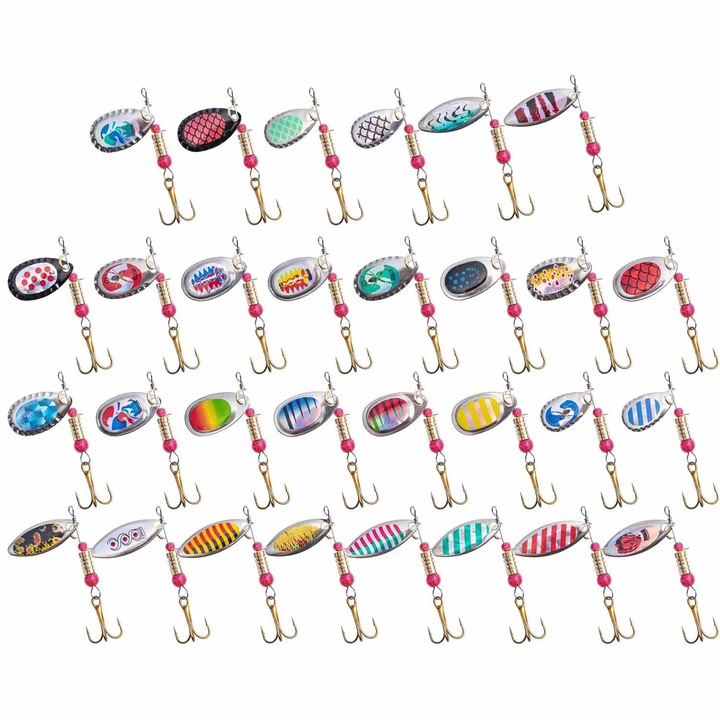 Комплект от 30 цветни метални воблери с куки и органайзер за съхранение на стръв, Nybgyy®, идеален за риболов на пъстърва, костур, сьомга, щука, шаран, както и за други големи или малки риби, Многоцветен