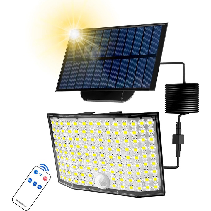 AOVO 138 LED-es kültéri napenergiás lámpa, külön panellel, nagyon fényes mozgásérzékelős, napfénytől független működés, IP65 vízálló falikapcsoló, kertbe, garázsba, udvarra