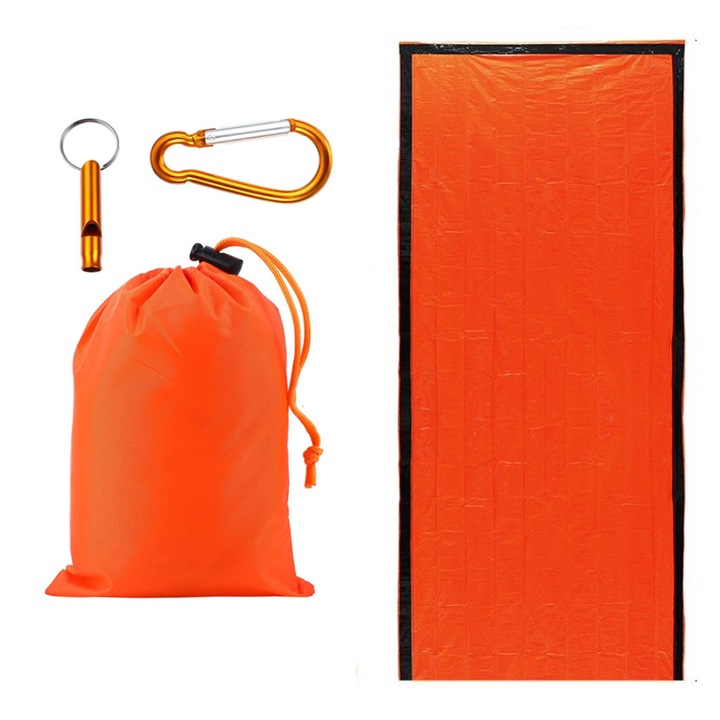 Външен спален чувал, термо одеяло за къмпинг, AllizBan, алуминиево фолио, 90x210 см, оранжево