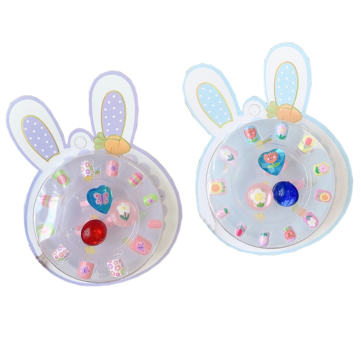 Set 24 unghii false copii, cu 6 bucati inel, AllizBan, Multicolor