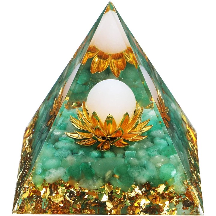 Piramida Orgonica cu cristale vindecatoare Ochi de Tigru, floare de lotus si sfera din cristal 6 cm – Promoveaza bogatia, prosperitatea si atrage succesul