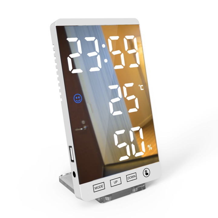 LED дигитален часовник, Hggzeg, Магнитна функция, Индикация за температура/влажност/комфорт, Сензорно управление, 4 нива на осветеност, Подвижна основа, Огледален дисплей, Регулиране на сензора за светлина, ABS, 8,5 x 6,2 x 15,3 cm, Бял