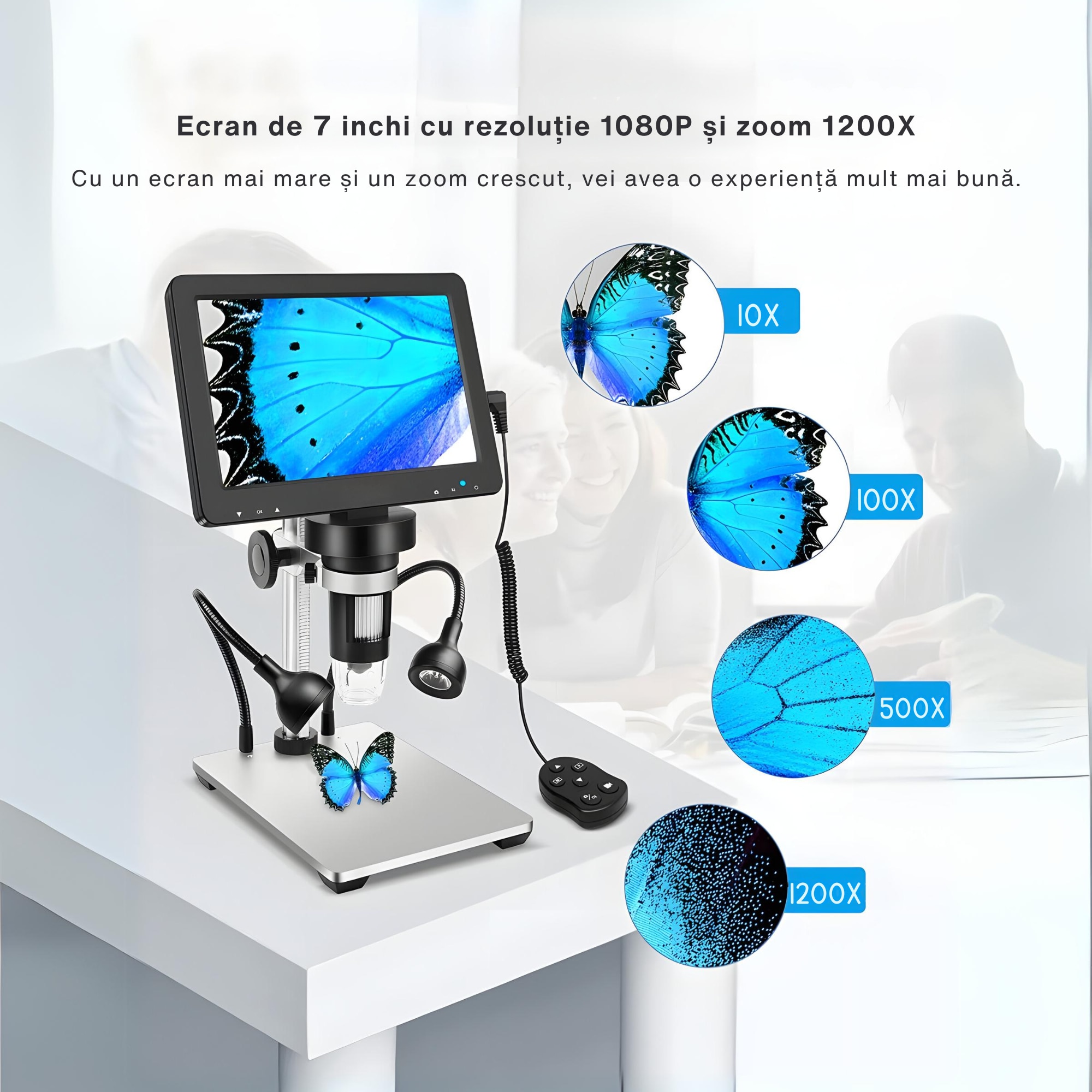 Цифров микроскоп 12MP, Увеличение 10x-1200x, 13 езика, 7-инчов HD LCD ...
