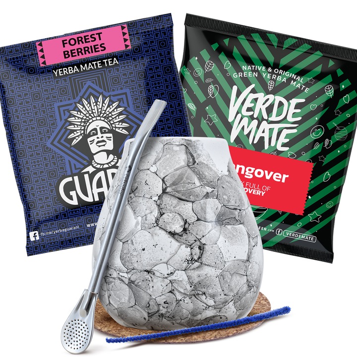 Ceai Yerba Mate, Set De Accesorii, Verde Mate Hangover, Guarani Forest Berries 2X50G Calabash Marmol Blanco 300 ml, Bombilla