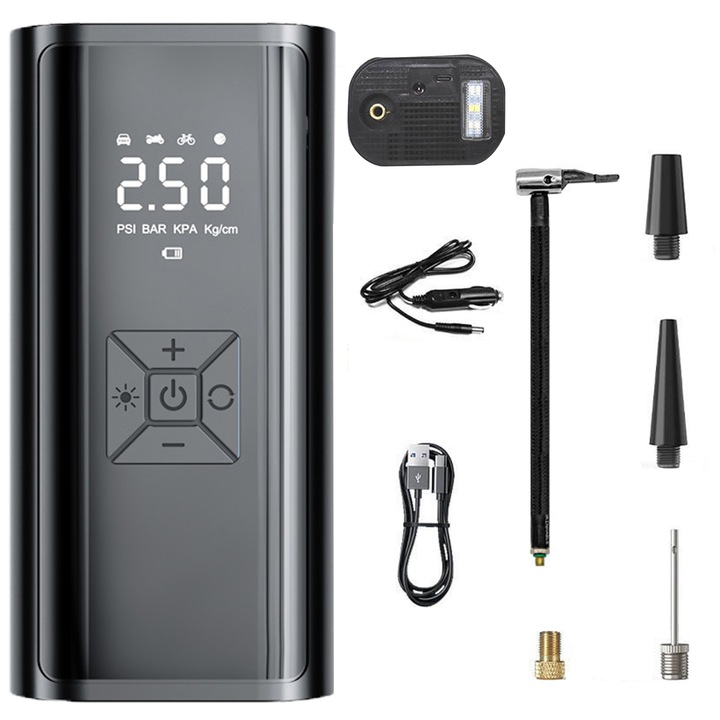 Hordozható légkompresszor gumiabroncsokhoz, SINBINTA Wireless, LED kijelző, 4 db felfújófej, 20 mp-es gyors felfújás, Akkumulátor 4500 mAh, DC 12V, 60W, 28-35PSI, 3 világítási mód, USB C típusú és autós szivargyújtó, ABS, 16 * 8*6cm, fekete
