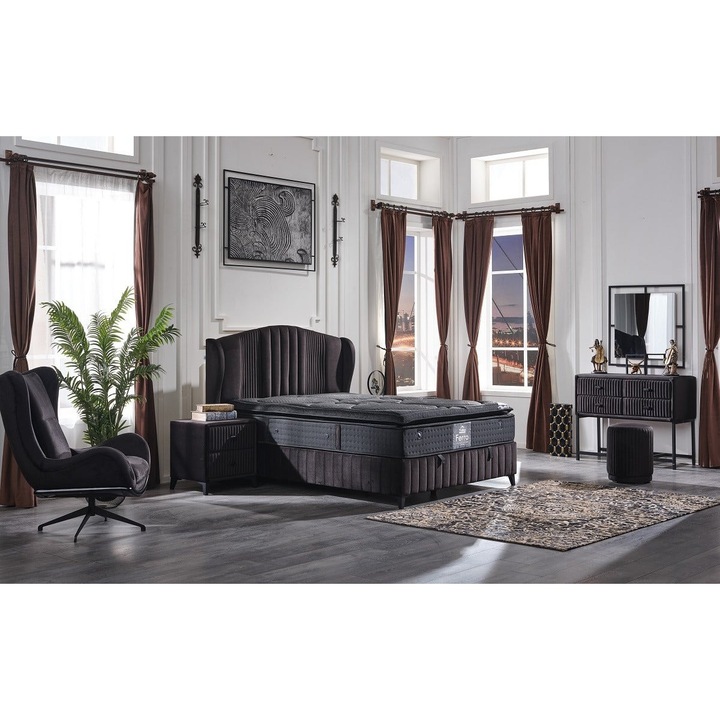 Set Pat tapitat, Ferro, dublu, cu somiera si spatiu de depozitare, saltea ortopedica cu arcuri Pocket si spuma cu memorie, catifea, negru, 140x200 cm