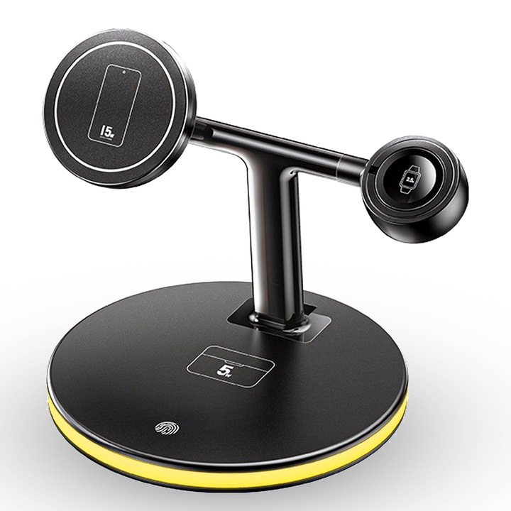 Безжично зарядно устройство 4 в 1 Timebox, мултифункционално, Fast Charge 22.5W с нощна светлина, Съвместимо с iPhone, Samsung, Airpods, Apple Watch