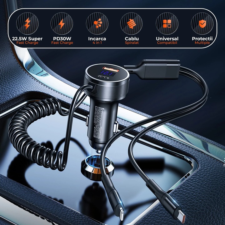 Incarcator auto Timebox, Super Fast-Charge 52.5W, 1 x USB QC 3.0, 1 x USB-C, 1 x Cablu Spiralat Lightning, 1 x Type-C, LED Inteligent, Universal, Negru