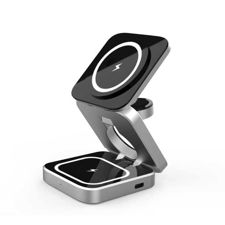 NEXTLY Gyorstöltés MagSafe összecsukható vezeték nélküli töltő 3 az 1-ben univerzális hordozható töltőállomás 15 W gyors mágneses töltés telefonokhoz AppleWatch és fejhallgató ezüst