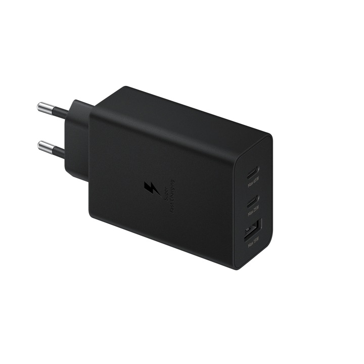 Incarcator retea 65 W trio Super Fast Charge 1x USB-C 65W 1x USB-C 25W 1x USB-A 15W, compatibil cu Samsung, Huawei, Xiaomi, Oppo, Negru