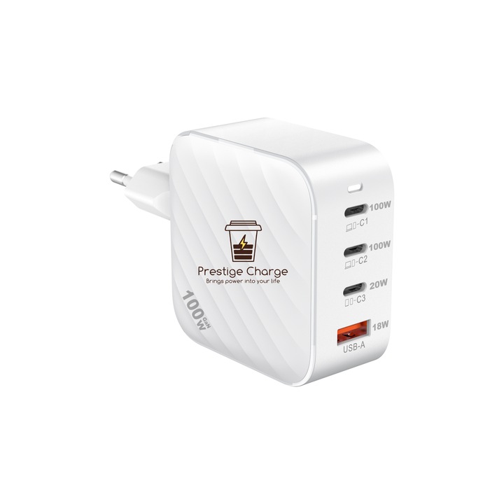 GaN QuatroMini 100W hálózati töltő, PRESTIGE CHARGE®, kompakt kialakítás, 3*USB-C PD és USB QC 3.0, laptophoz, telefonhoz, 4 eszköz egyidejű töltésére, fehér